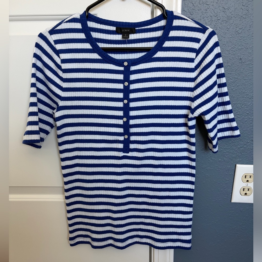 NWT J. Crew Navy and White Striped Buttoned Top